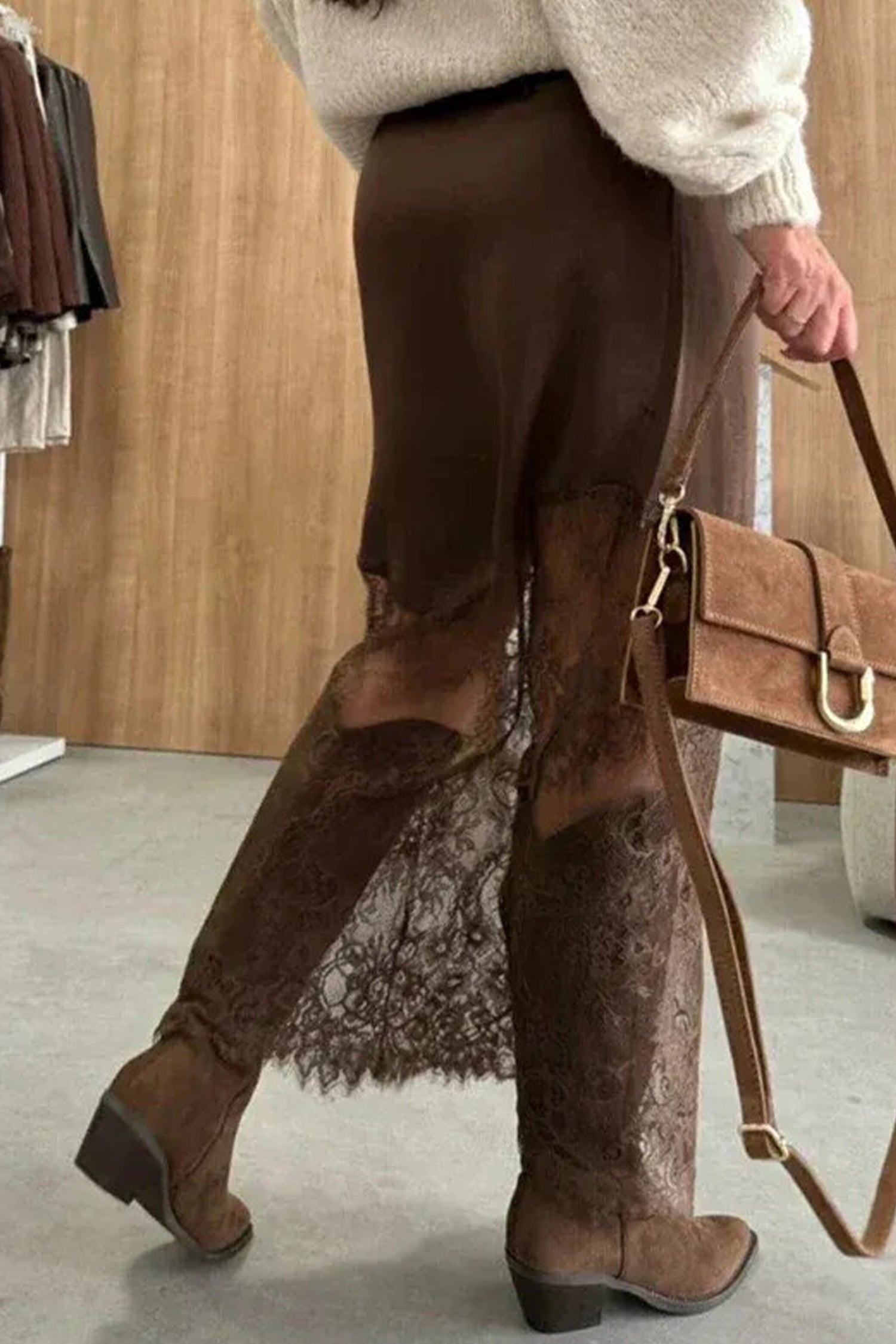 Everyday Lace Dark Brown Patchwork Hem Shift Long Skirt