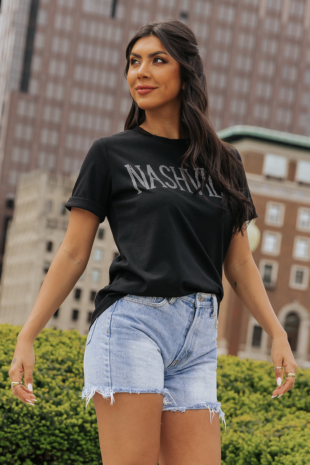 Women's T Shirt with Crew Neck Rhinestone NASHVILLE Graphic-Print
