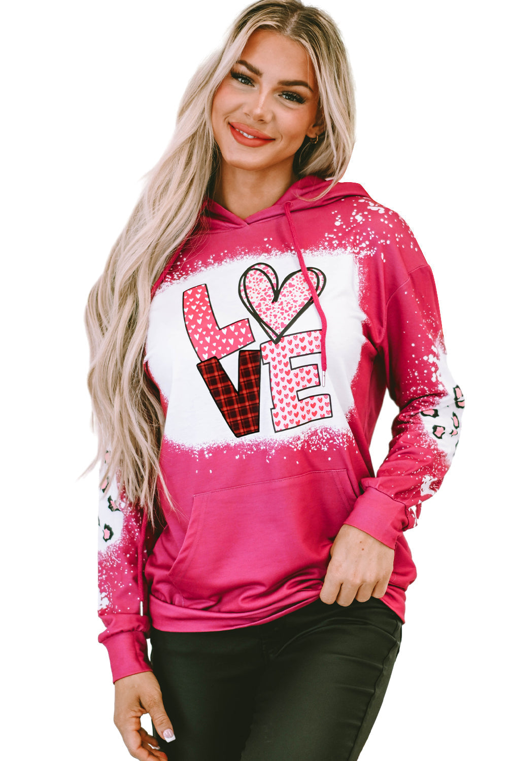 Women's Hoodie Featuring LOVE Leopard-Print Bleached Pocket