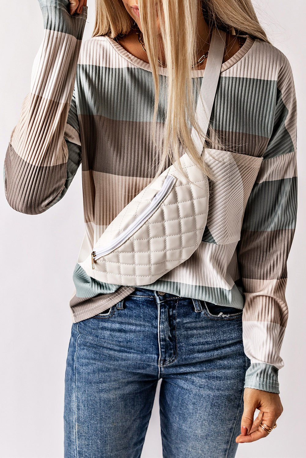 Women's Top with Color-Block Rib-Knitted Long-Sleeve