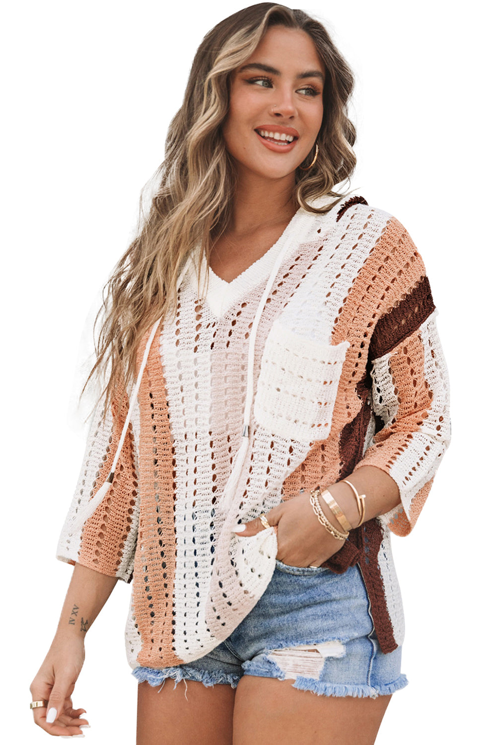 Women's Striped Cut Out Hooded Sweater