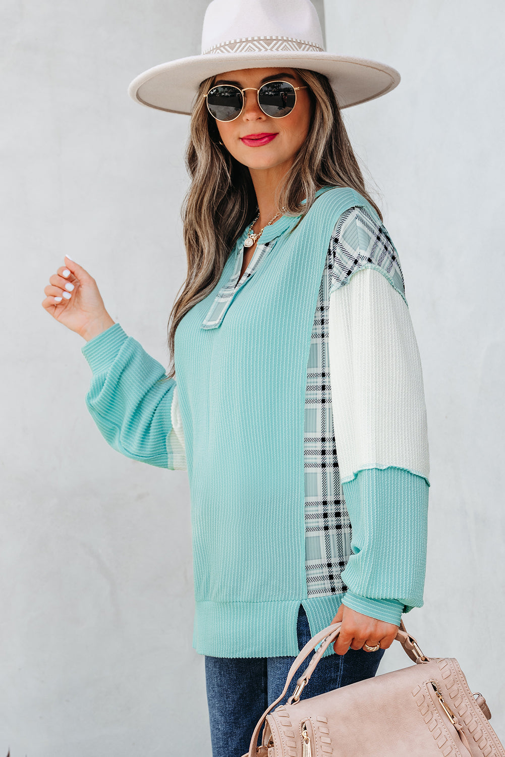 Aruba Blue Colorblock Patchwork Split Neck Long-Sleeved Top