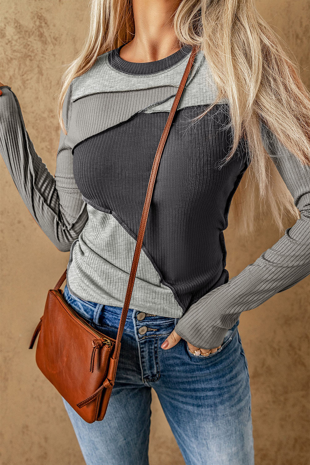 Women's Knit Top with Rib-Knitted Expose Seam