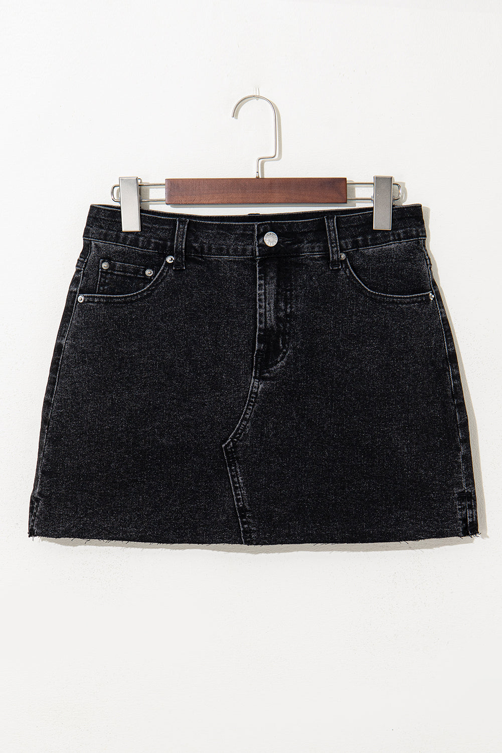 Mineral Carbon Grey Wash Ripped Raw Hem Denim Mini Skirt