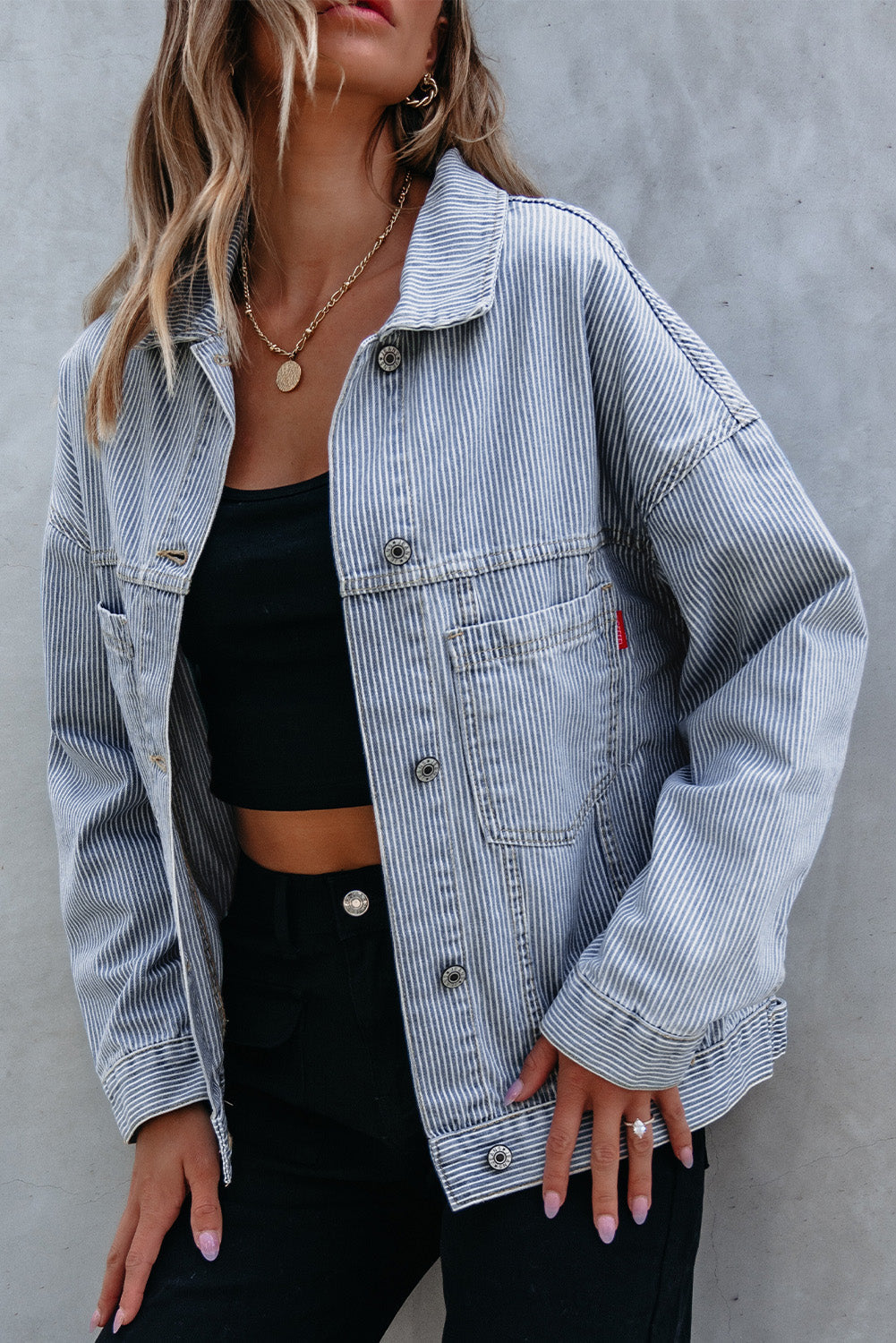 Denim Jacket: Washed Oversize Pocket-Detail