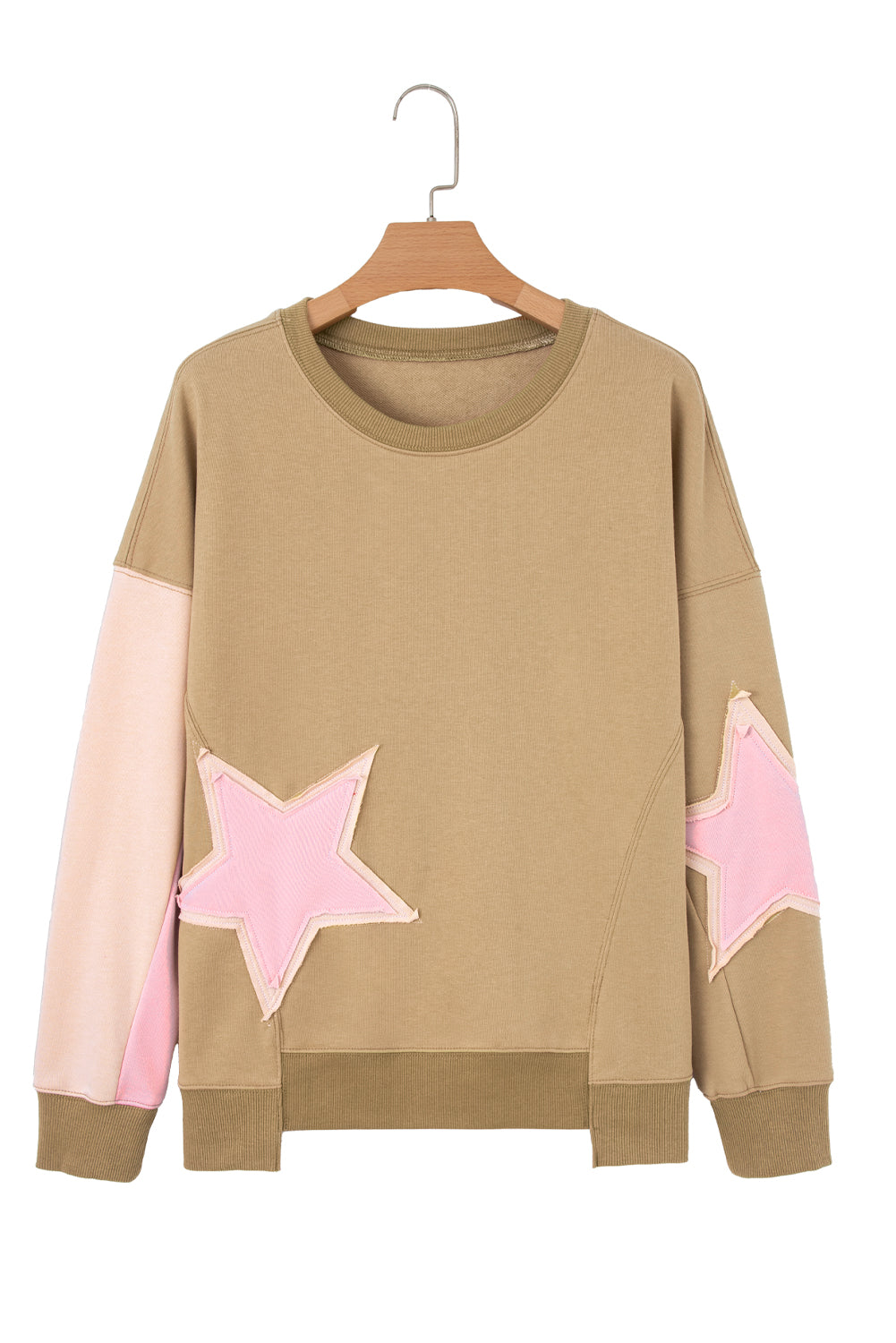 Patchwork Contrast Star Exposed Seam Uneven Hem Drop-Shoulder Sweatshirt