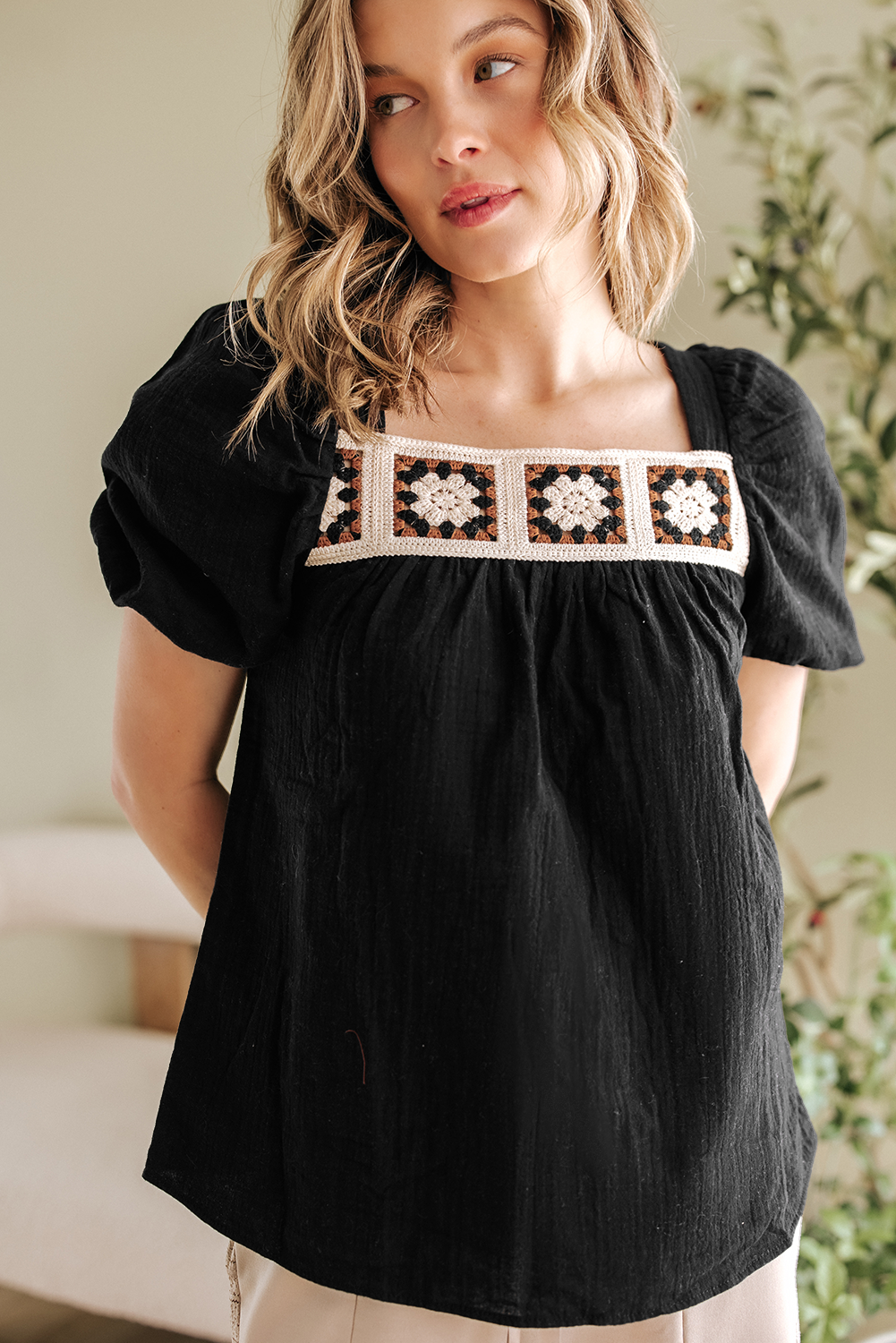 Flower Crochet Square Neck Textured Short Sleeve Blouse