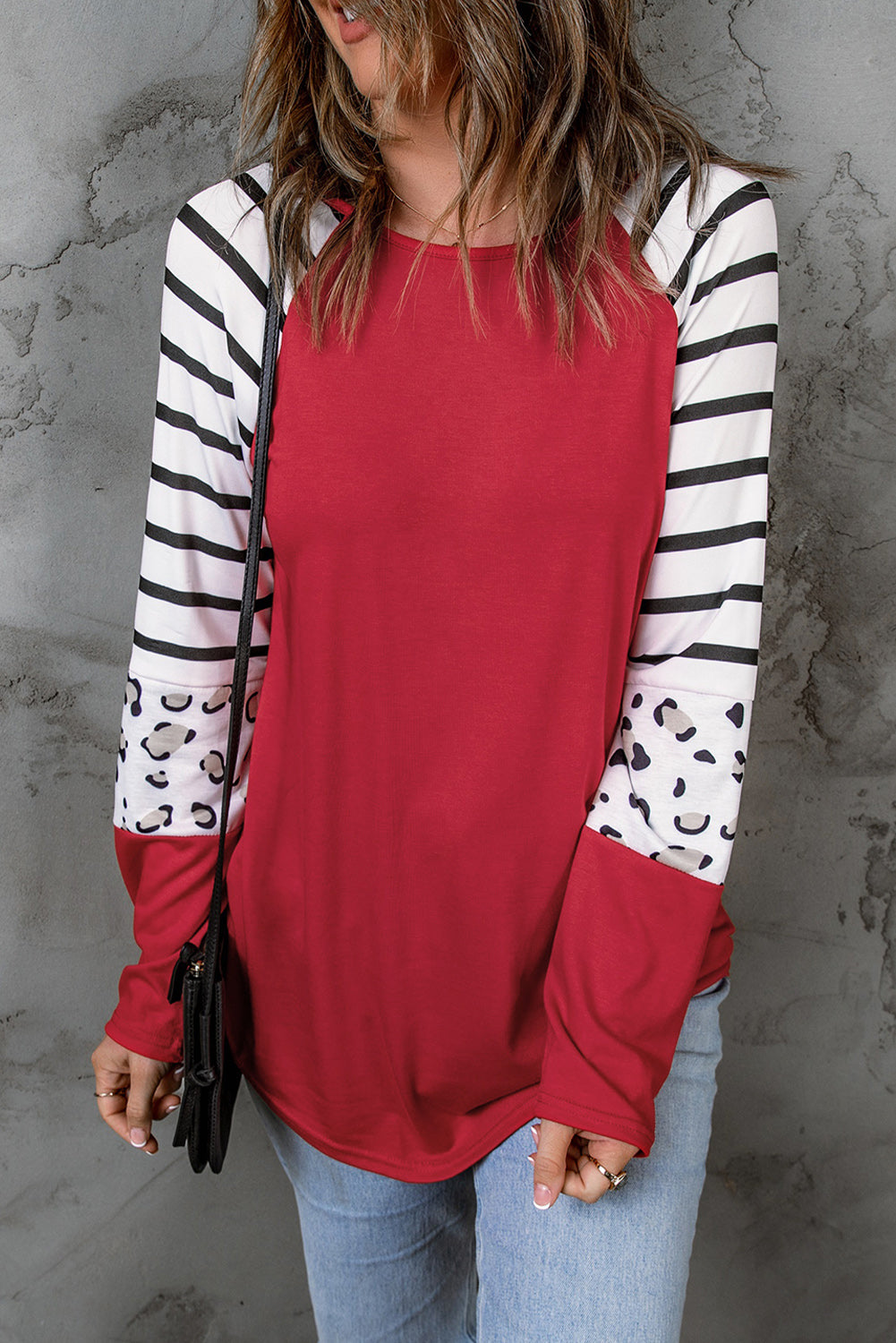 Women's Top with Red Striped Long-Sleeve