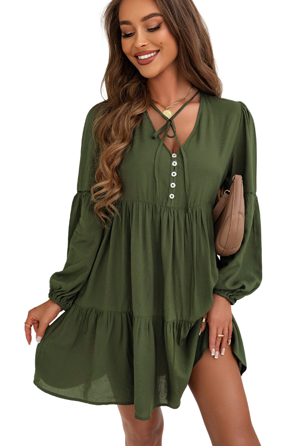 Women's Mini Dress with Layered Ruffle-Trimmed Lace-Trimmed Balloon Sleeve