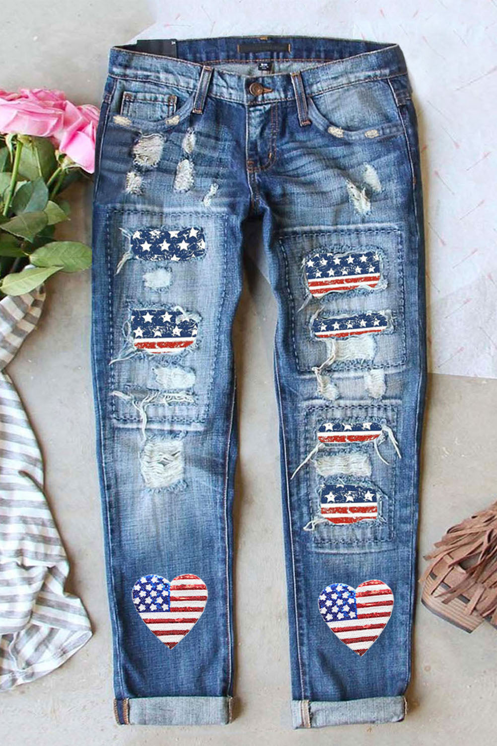 Women's Jeans Featuring Heart-shape American Flag Patch Frayed