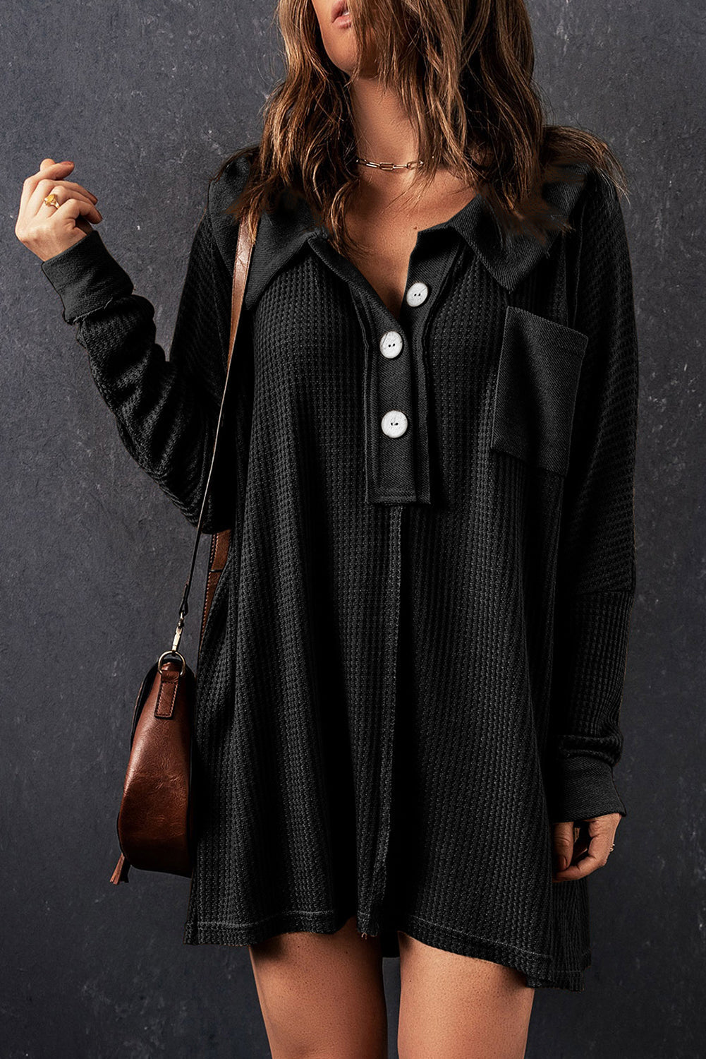 Women's Top Featuring Waffle Knitted Button-Front Long-Sleeve