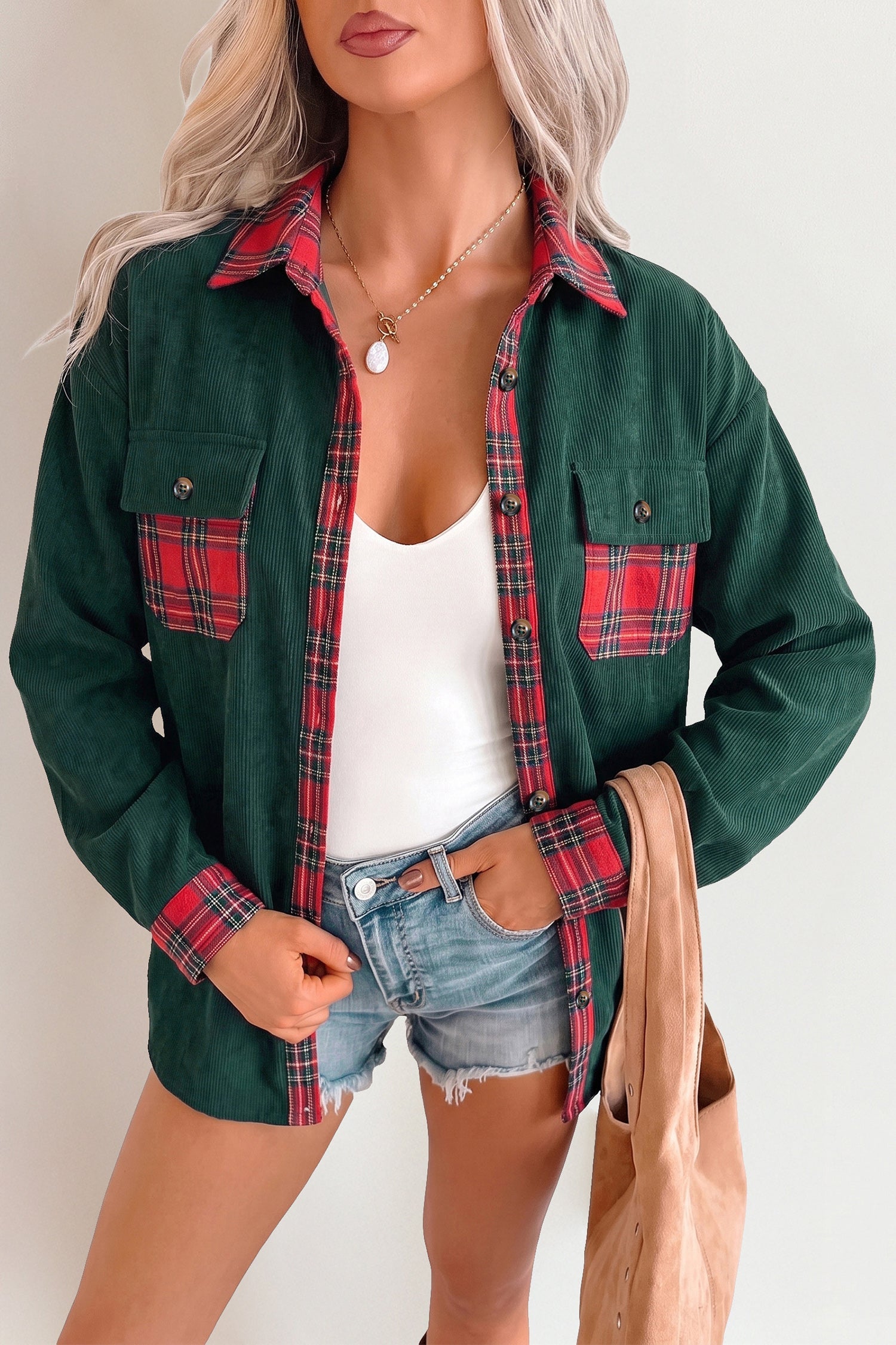 Button Plaid Pocket Long-Sleeved Shift Shacket in Blackish Green