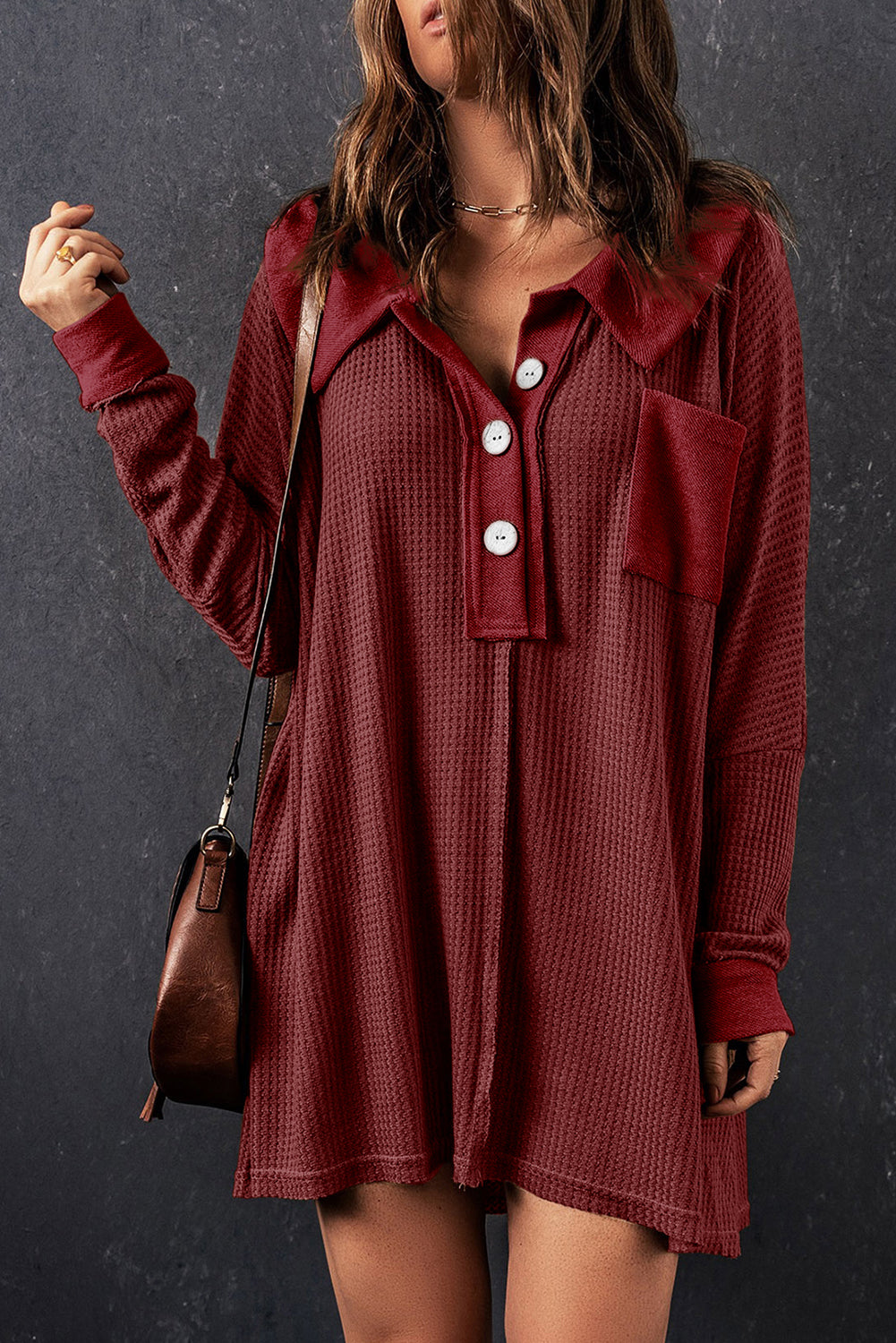 Top for Women Waffle Knitted Long-Sleeve