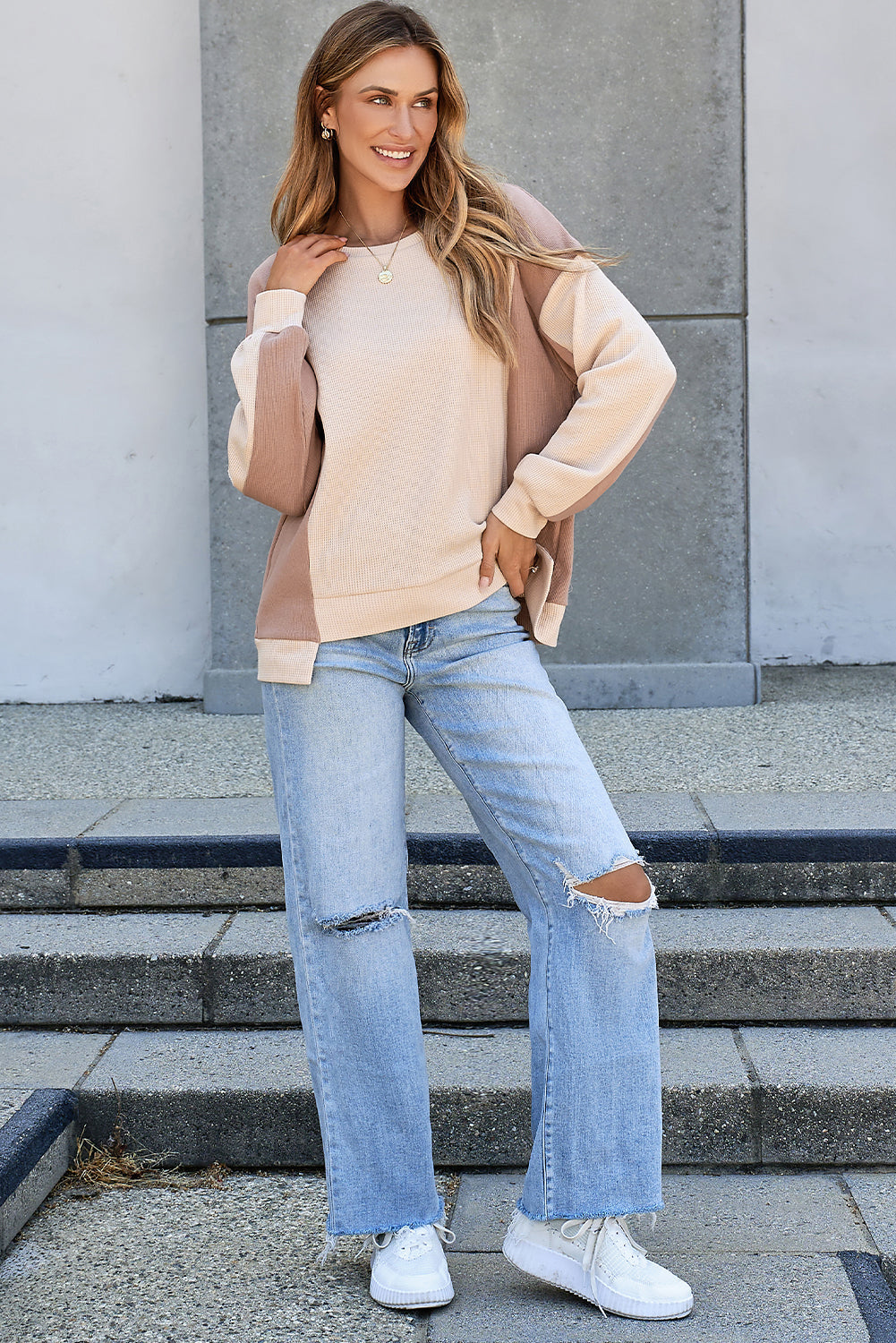 Waffle High Colorblock High Low Raglan Sleeve Sweatshirt