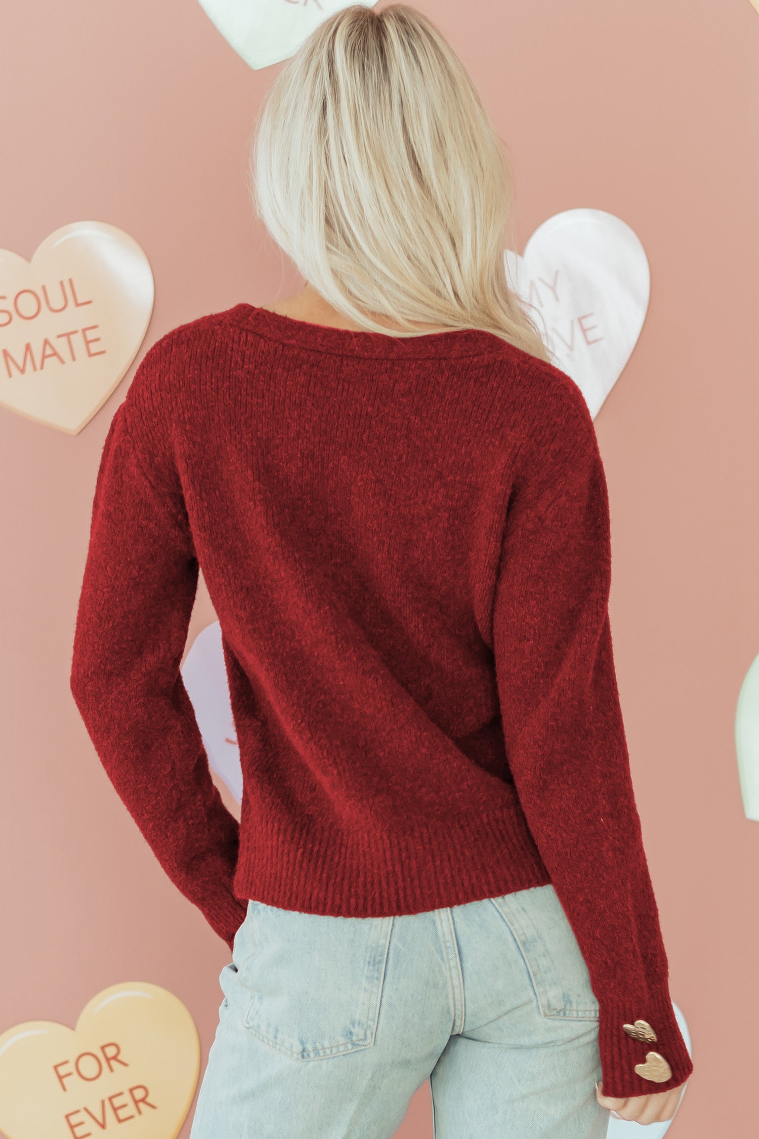 Heart V-Neck Metal Button Wool Cardigan Knit Top in Fiery Red