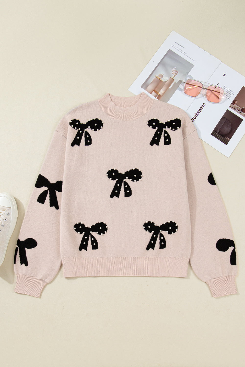 Pearl Embellished Bow Pattern Loose Knit Top