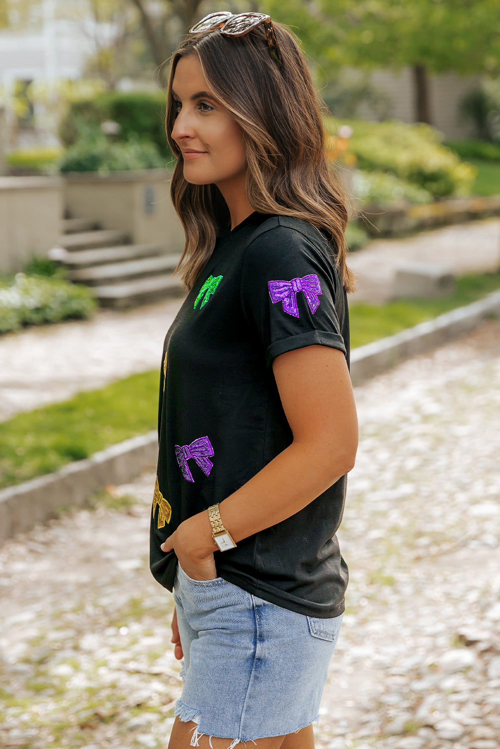 Women's T Shirt with Mardi Gras Sequin Bow Knot-Detail Crew Neck