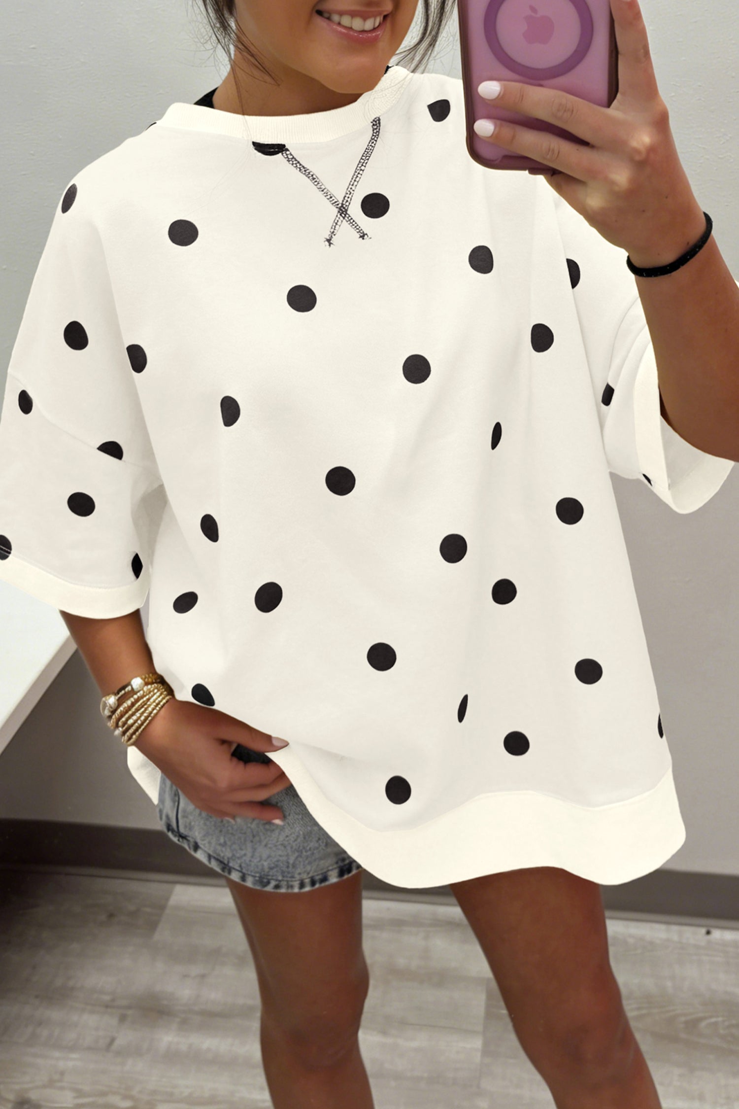 Crossed Polka-Dot Print Seam Detail Oversize Tee in Beige