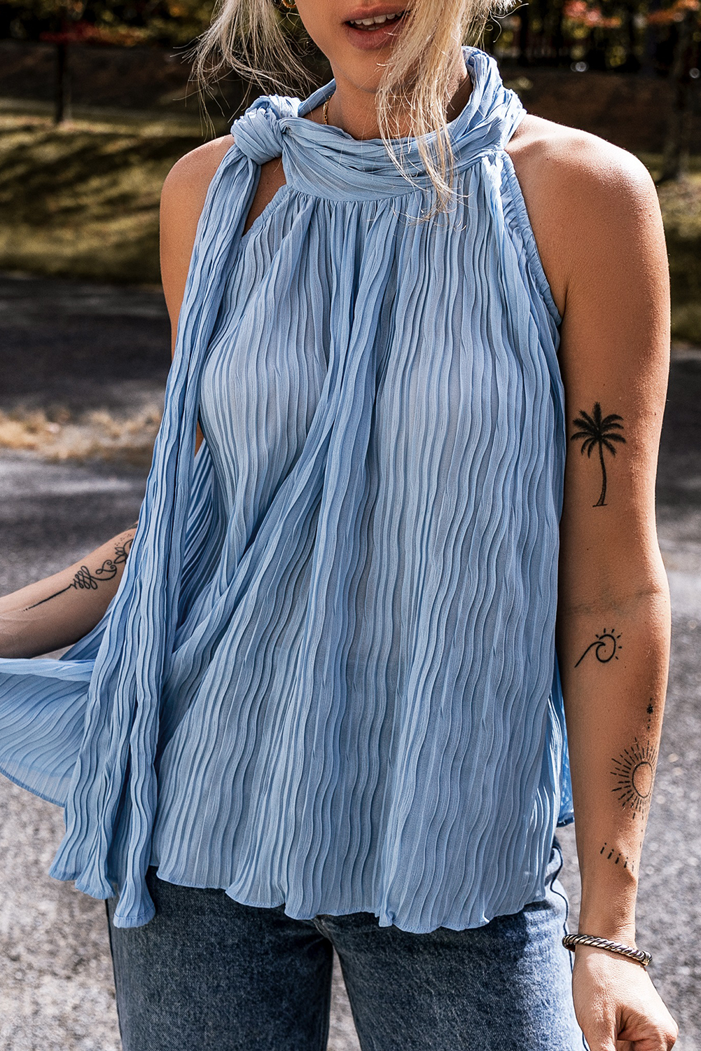 Textured Pleated Tied Mock Neck Flowy Tank Top