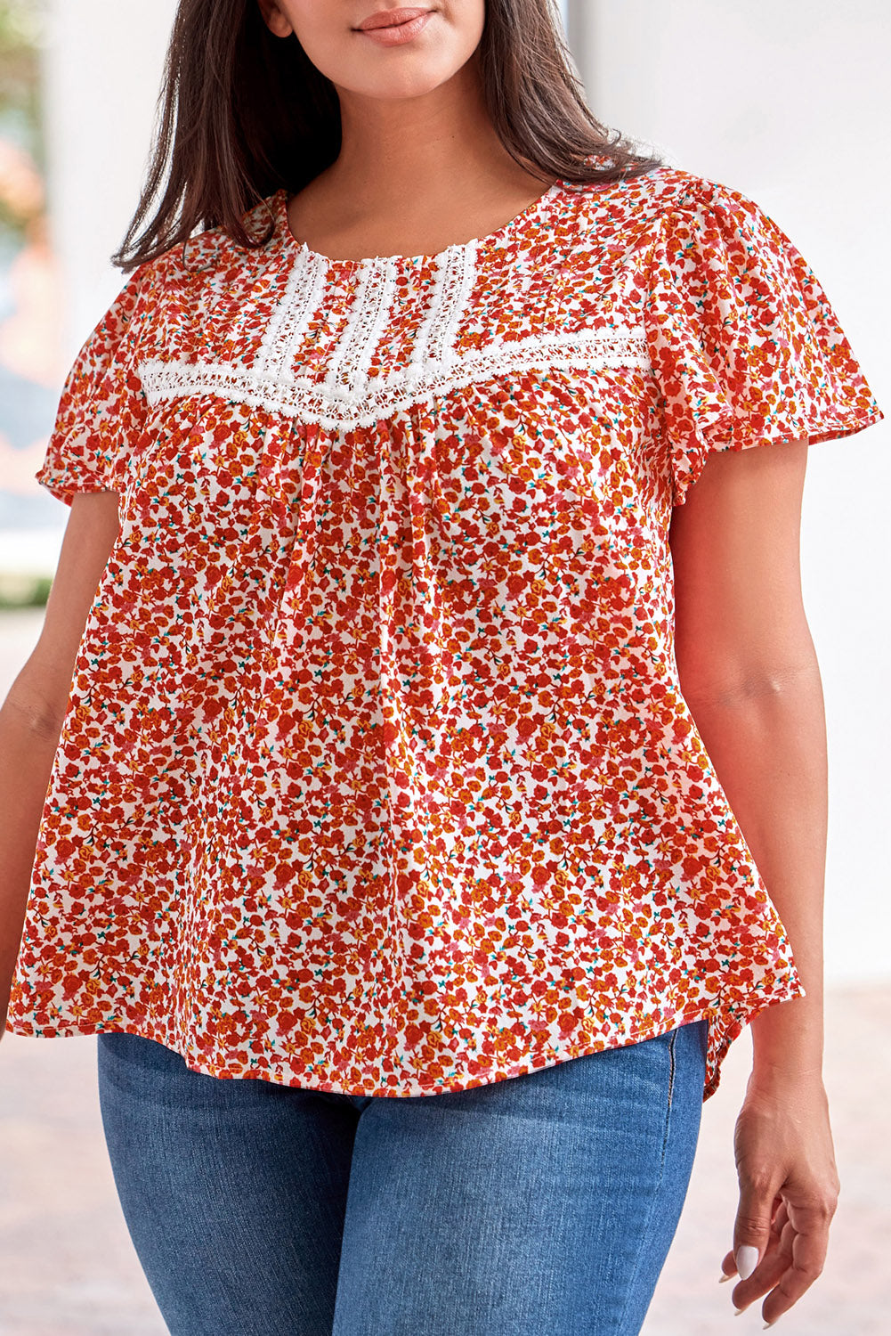 Women's Blouse Featuring Lace-Trimmed Trim Plus Ruffle-Trimmed Sleeve