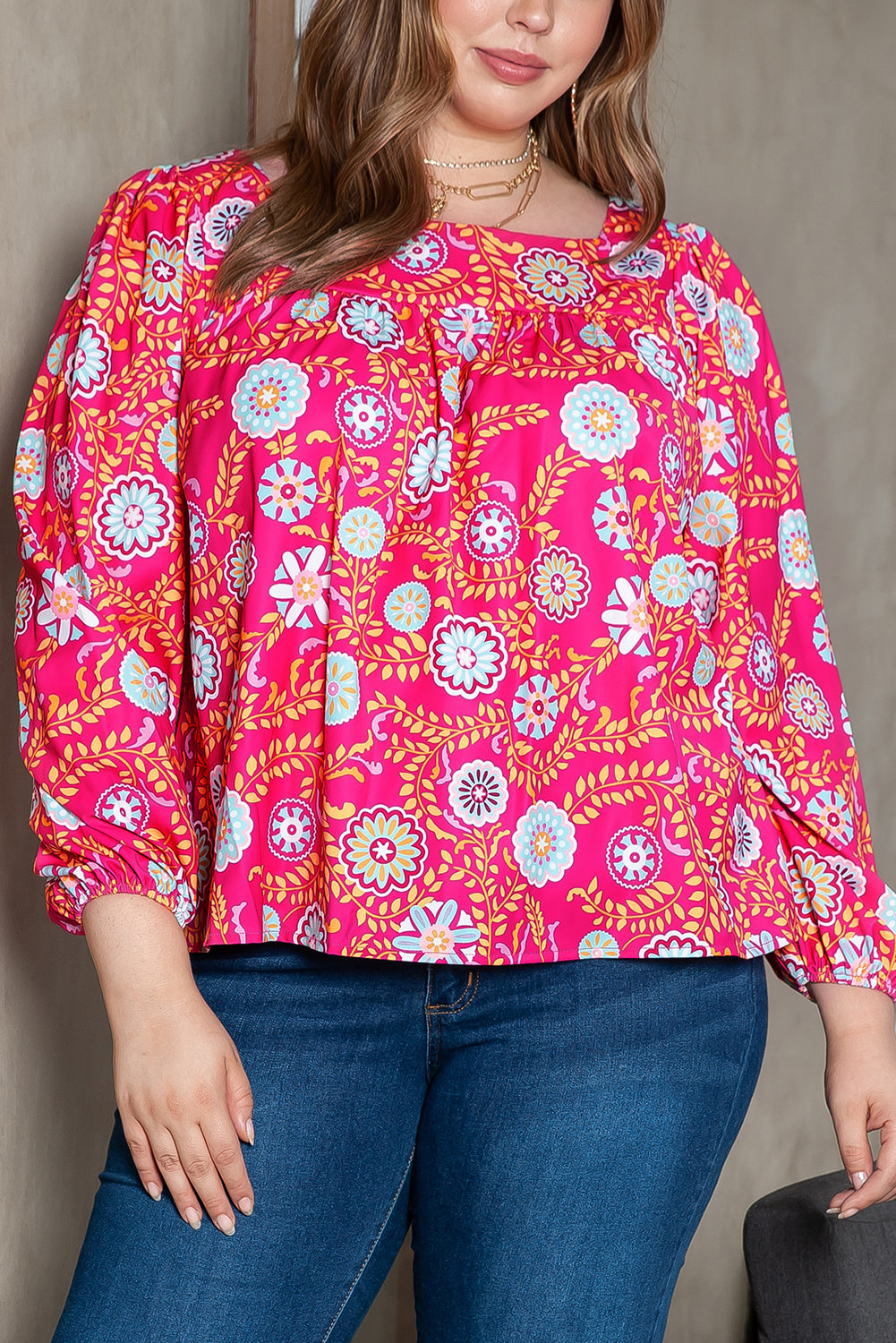 Blouse for Women Plus Size Square Neck Floral-Print