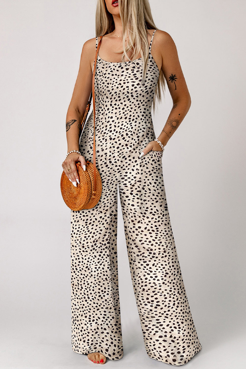 Women's Jumpsuit with Wide-Leg Spaghetti Straps Leopard-Print Print