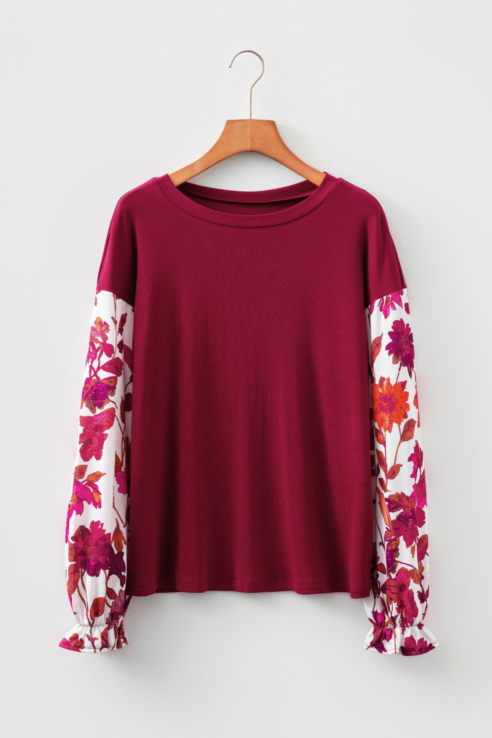 Contrast Solid Floral Sleeve Rib-Knit Long-Sleeved Top