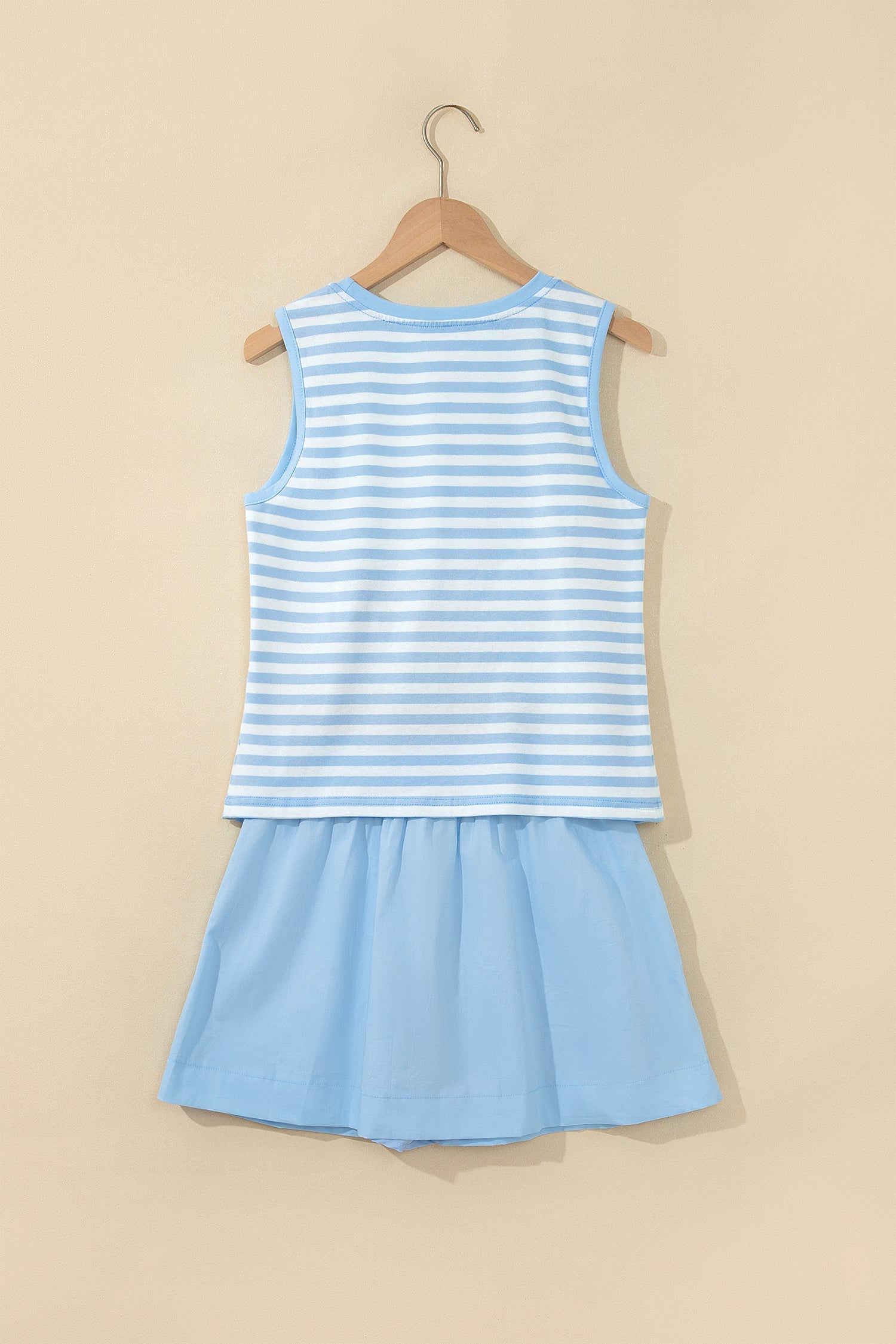 Cute Sky Blue Stripe Slim Tank Contrast Ruffle Mini Skort Set