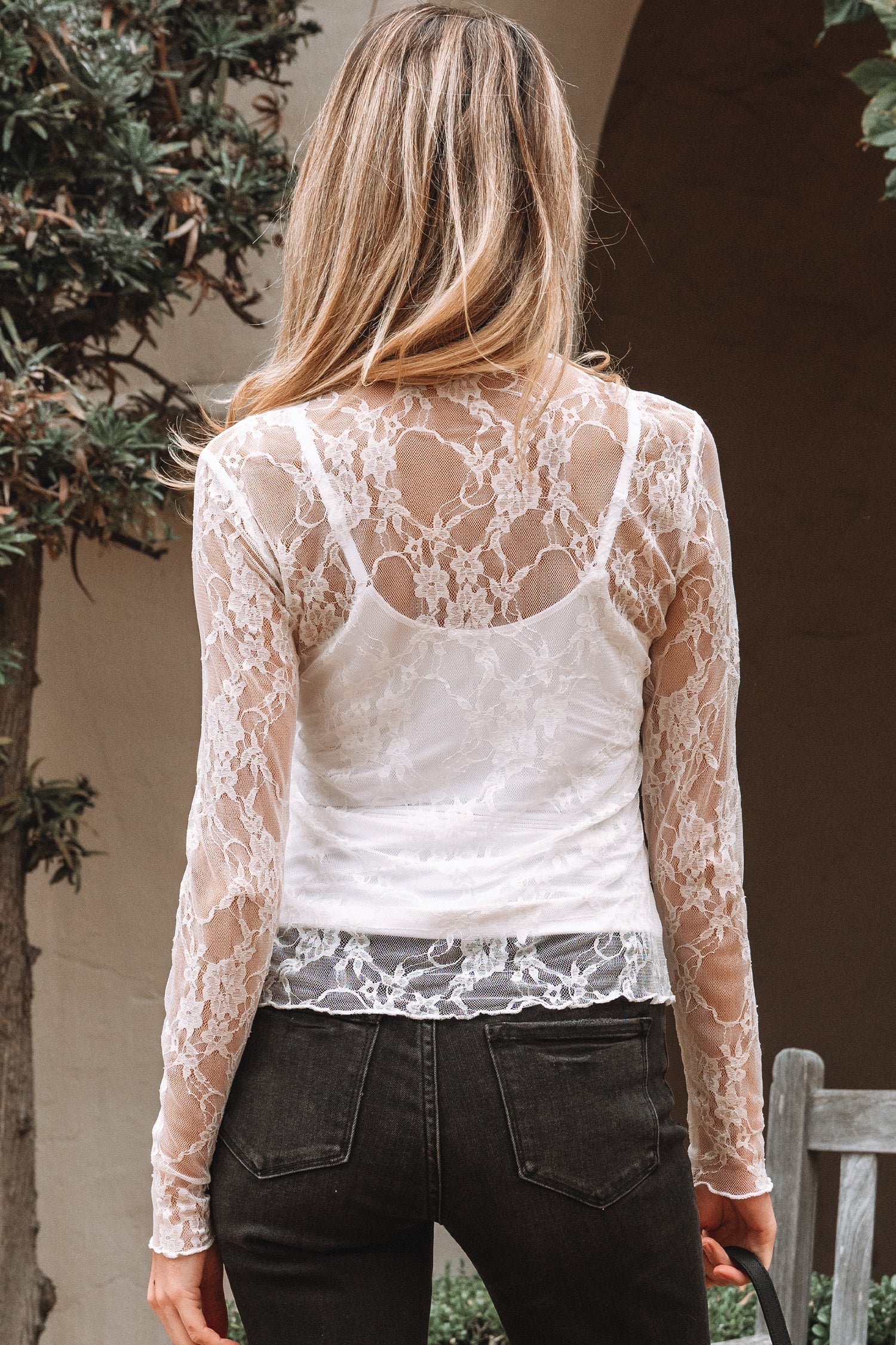 Lace Mesh Sheer Mesh Mock-Neck Slim Fit Long-Sleeved Top