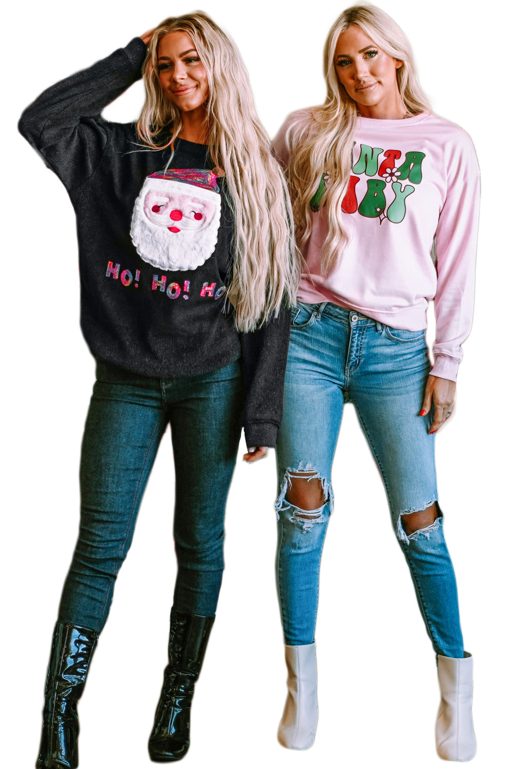 Graphic Sweatshirt for Women Santa Claus Sequin HO HO HO