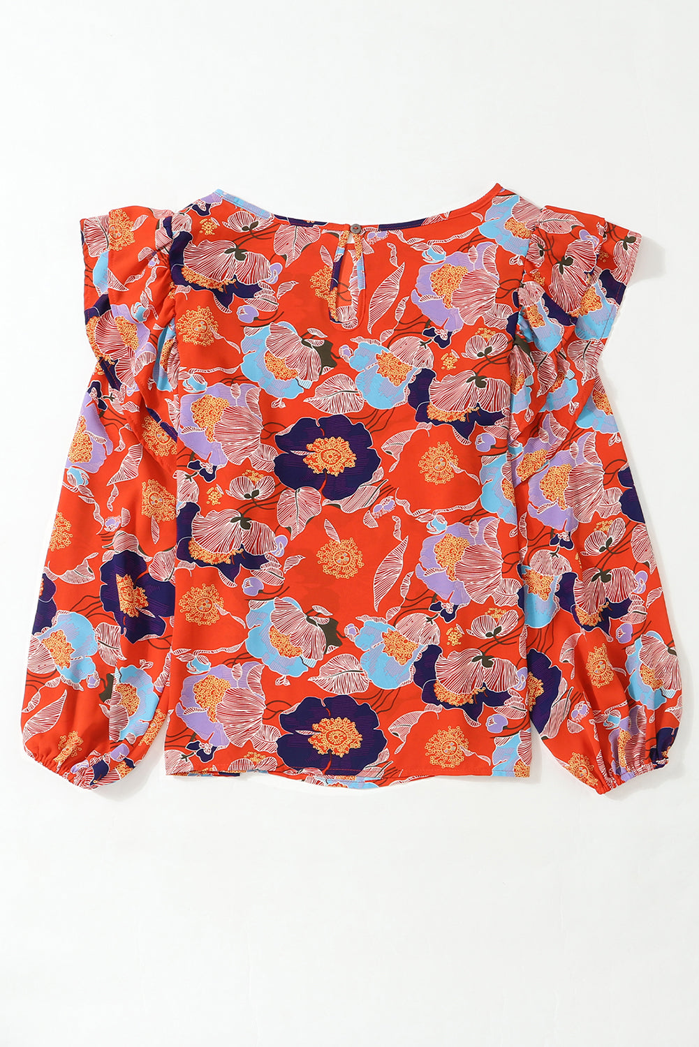 Women's Blouse Featuring Ruffle-Trimmed Balloon Sleeve Floral-Print Print
