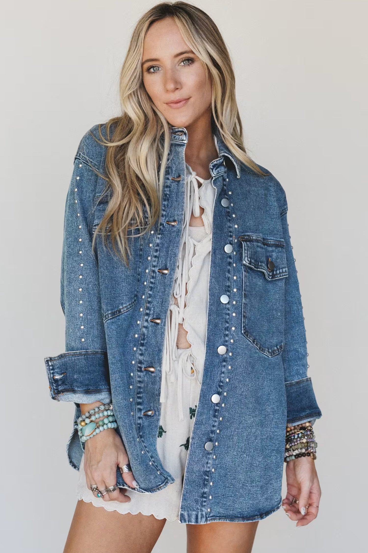 Rivet Sail Blue Embellished Western Style Timeless Fit Denim Jacket