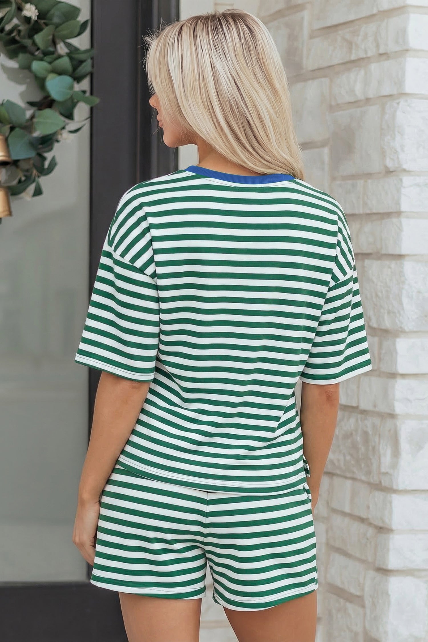Stripe Drop-Shoulder Boxy Everyday Terry Short Set in Green