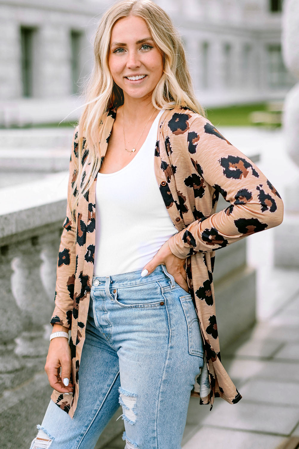 Women's Cardigan with Open Front Leopard-Print Printed