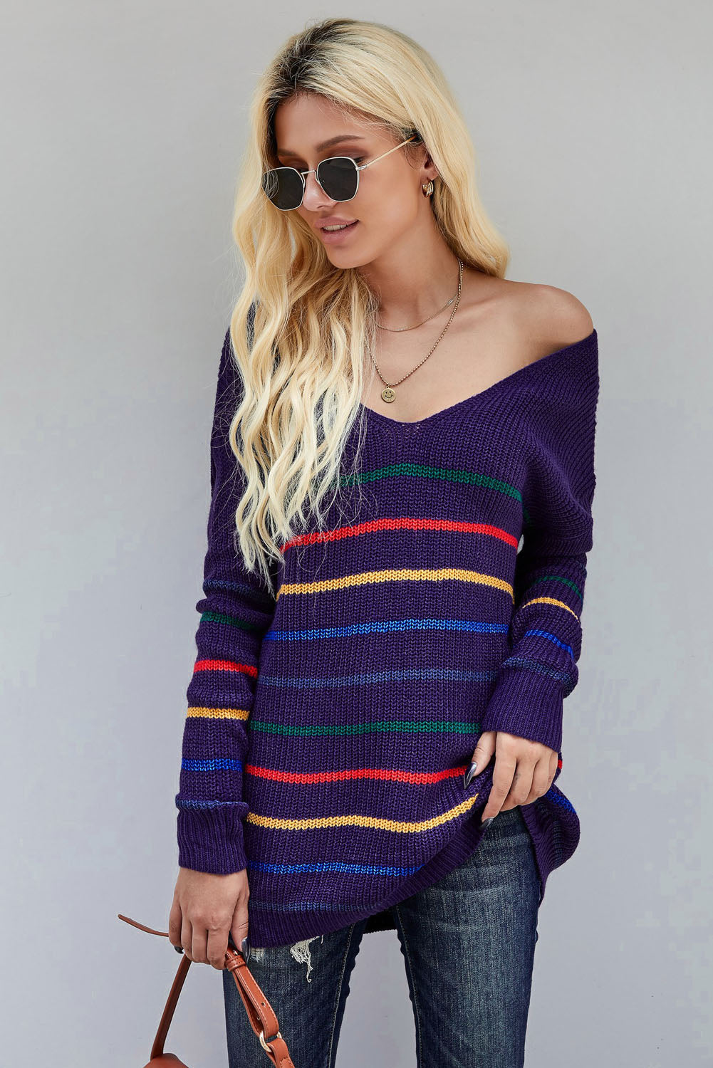 Knit Sweater for Women Blue Striped Loose