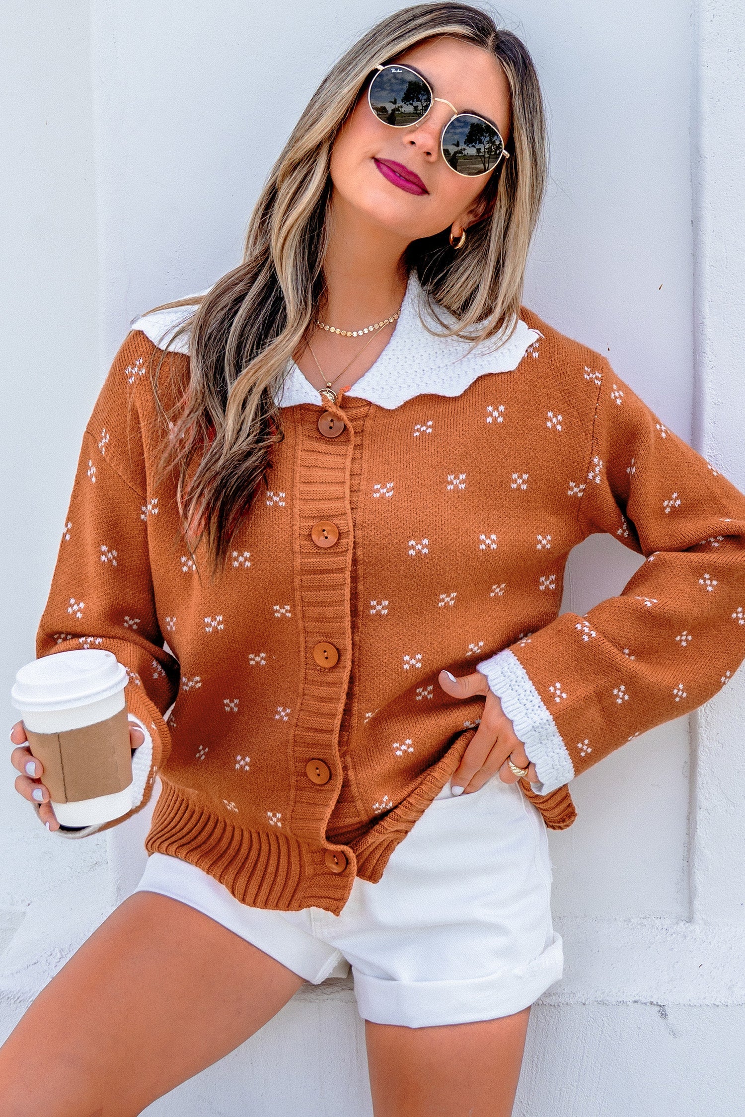 Peter Colorblock Pan Collar Long-Sleeved Knitwear Cardigan in Orange