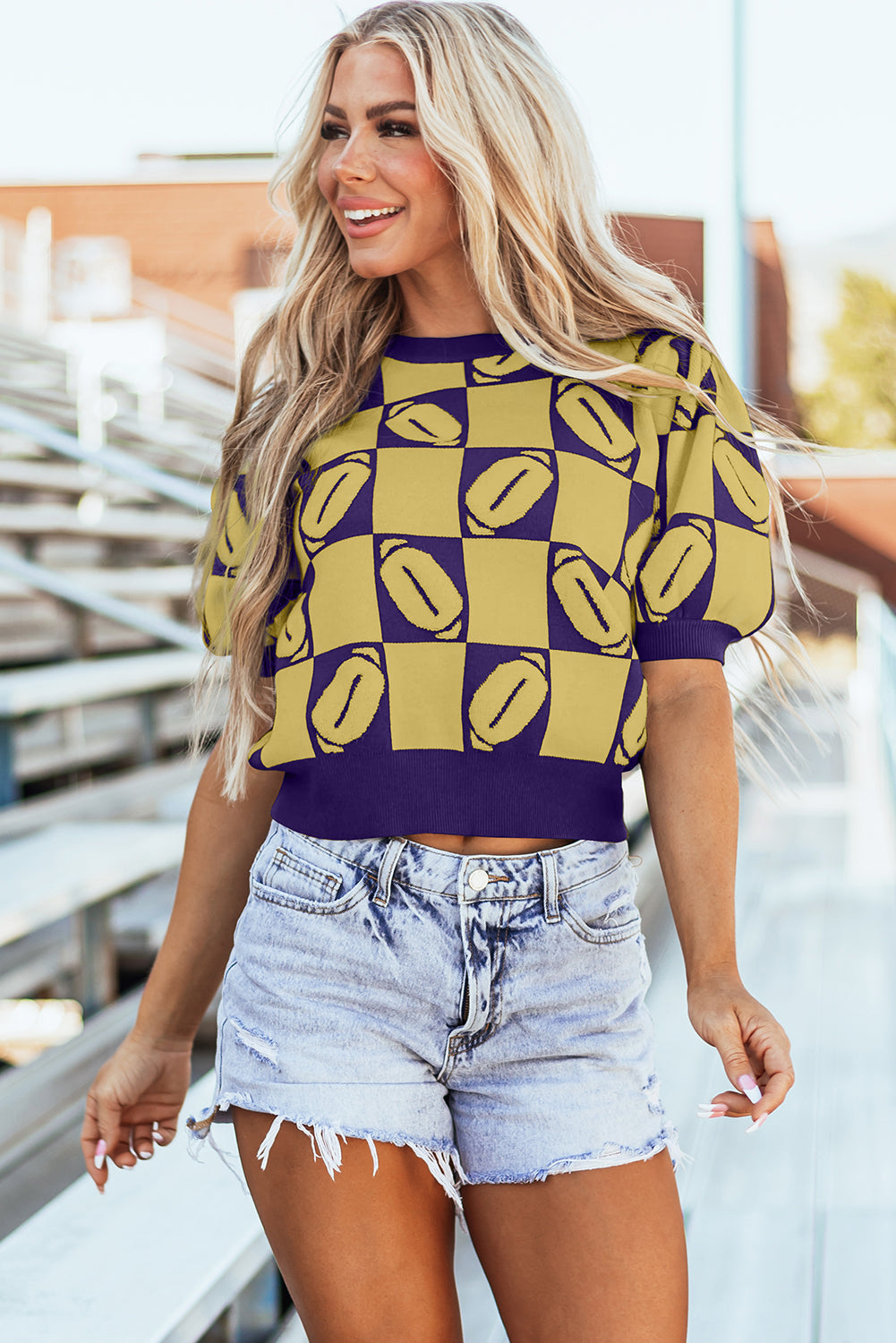 Rugby Plaid Color Block Puff Short Sleeve Sweater