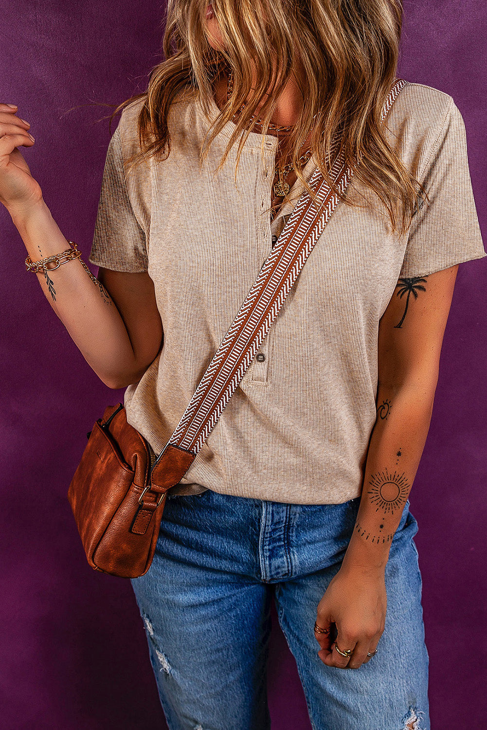 Short Sleeve Half Button Ribbed Knit Top
