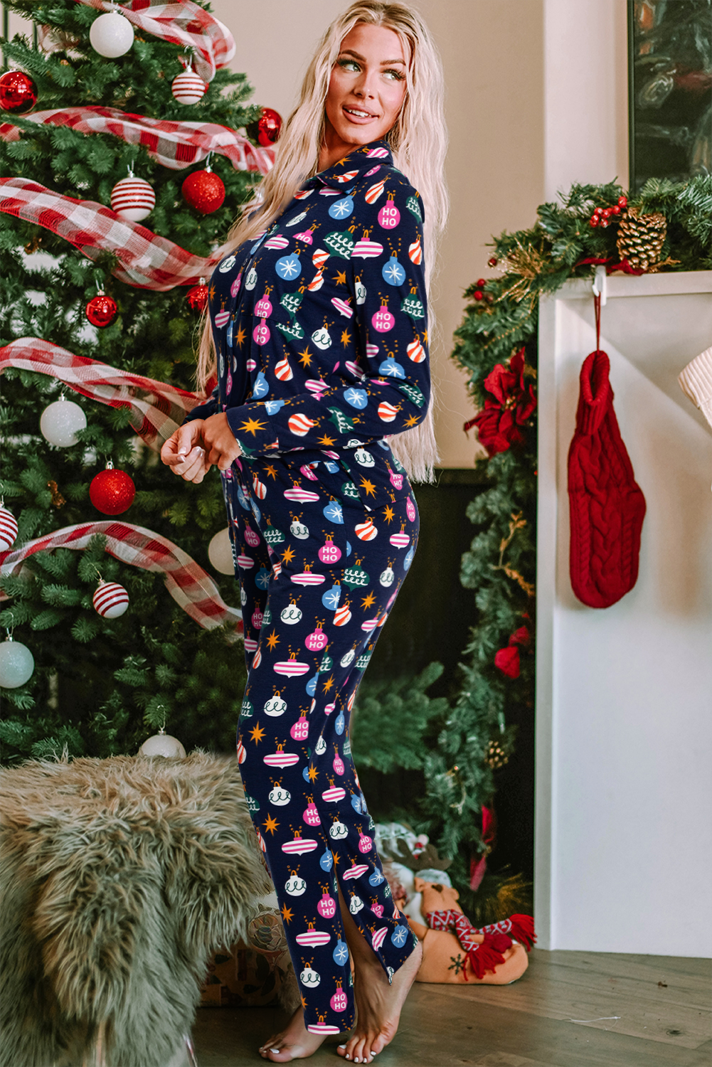 Lights Colorful Christmas Print Shirt and Pants Pajama Set