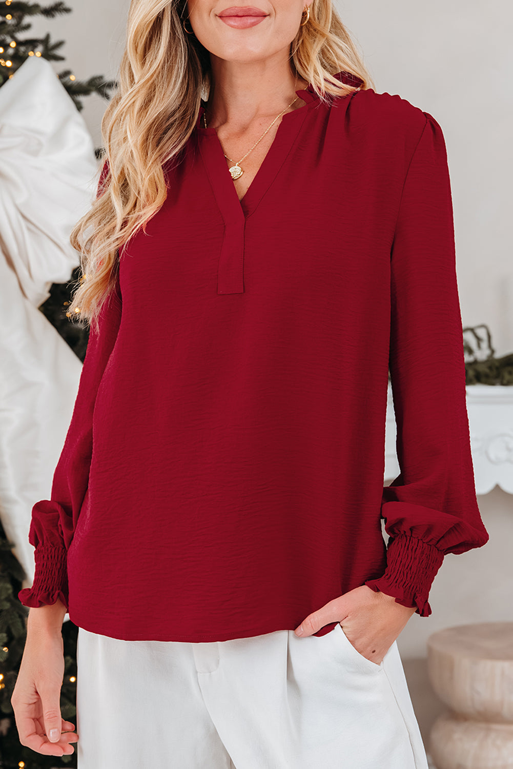 Neck Shirred Notched Shirred Cuff Long-Sleeved Blouse