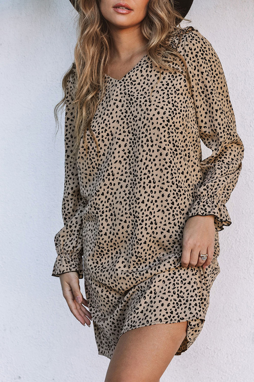 Dress for Women Frill Trim V Neck Leopard-Print