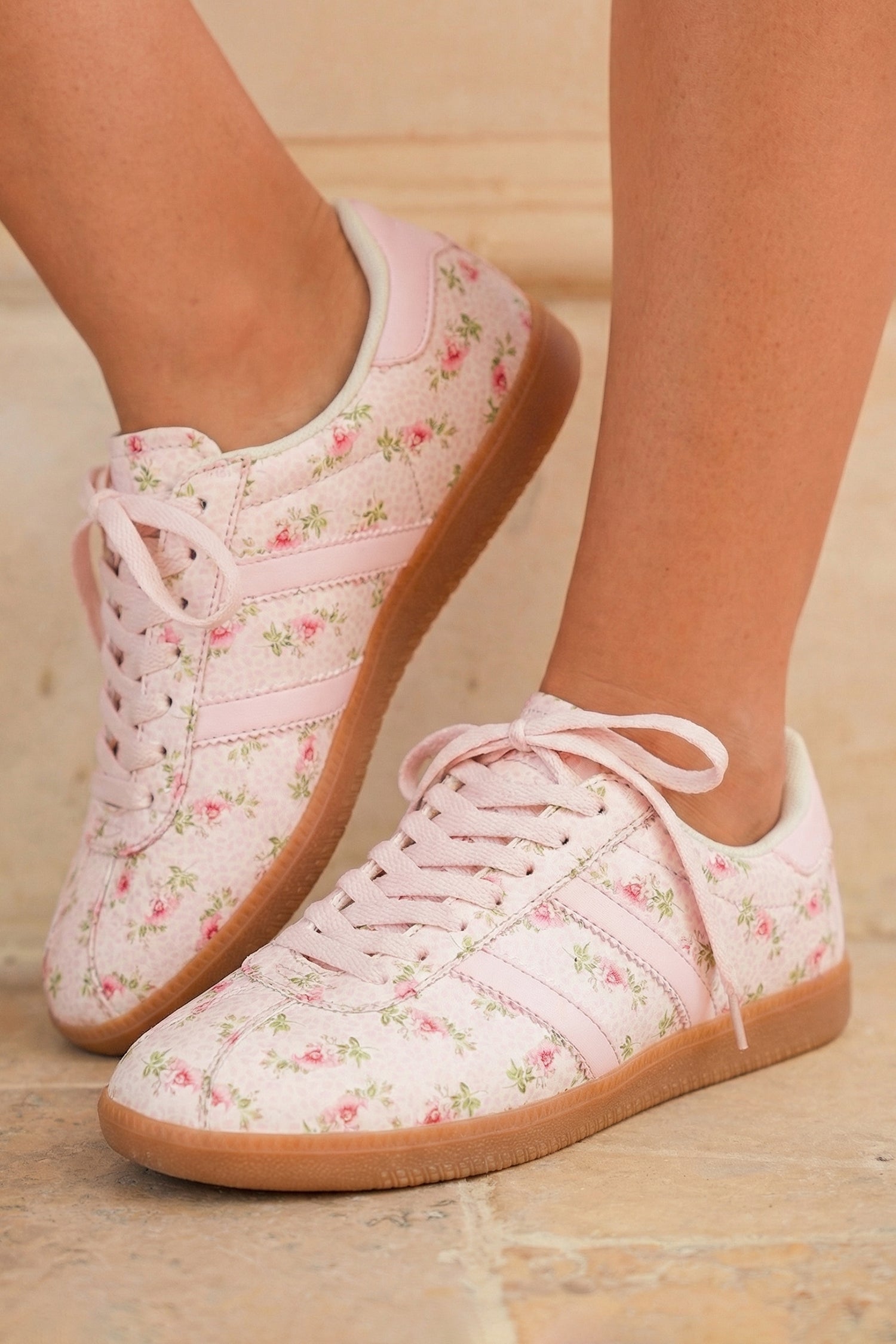 PU Floral-Print Lace-up Leather Flat Shoes in Light Pink