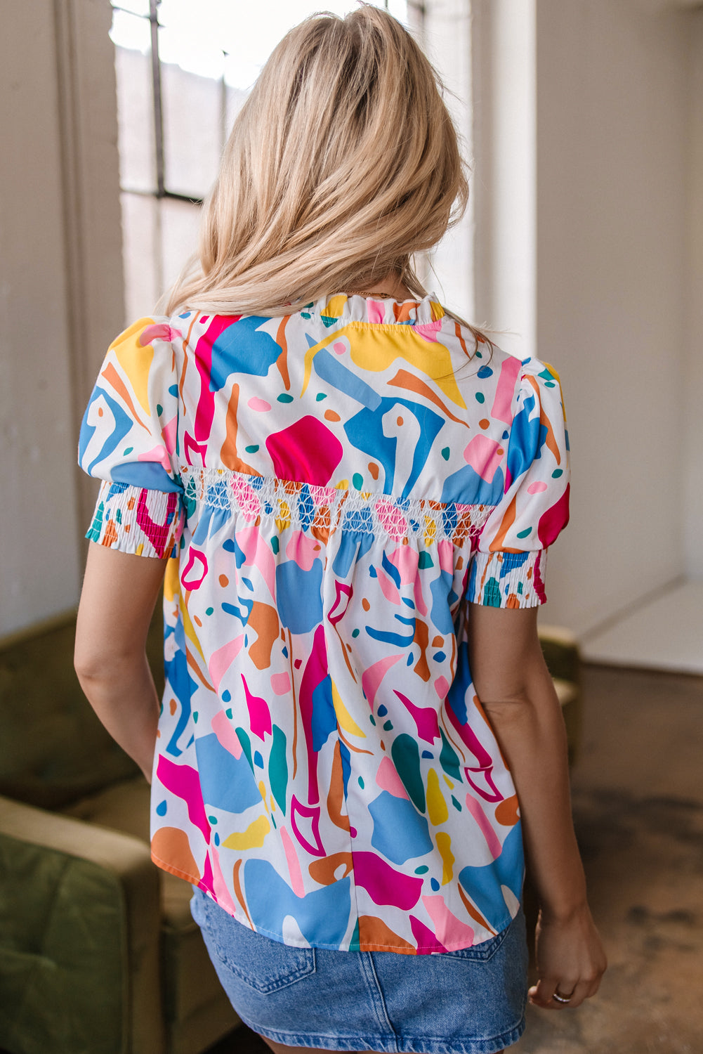 Abstract Print Lace Short Sleeve Split Neck Blouse