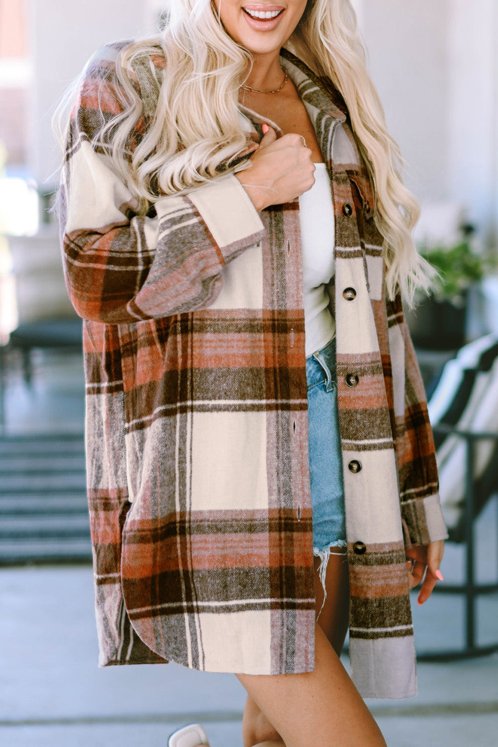 Women's Long Plaid Flap Pockets Shacket