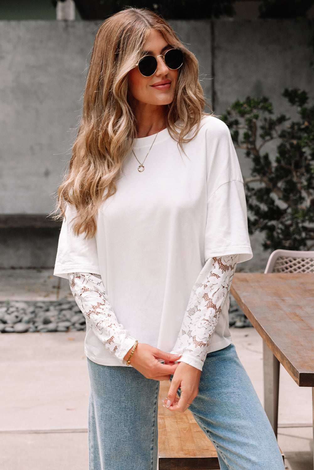 Lace Long-Sleeved Insert Drop-Shoulder Tee