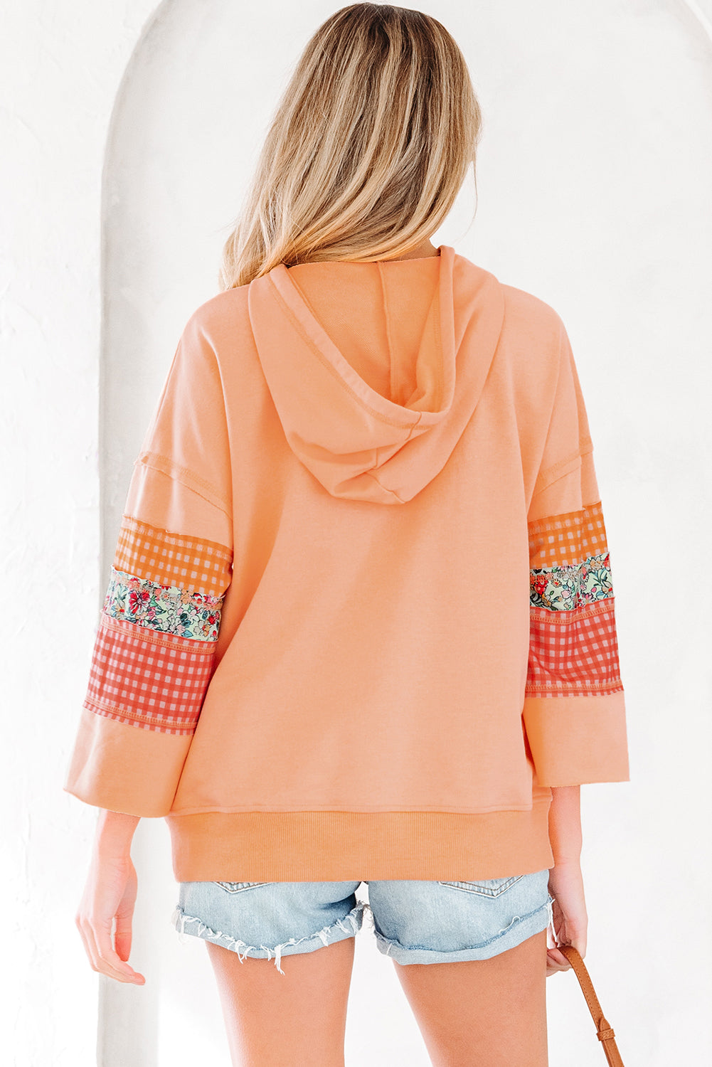 Plaid Floral Patchwork Kangaroo Pocket Hooded Long-Sleeved Top