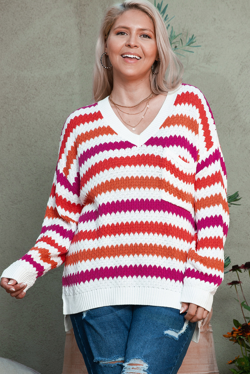 Sweater for Women V Neck Dropped-Shoulder Plus Size