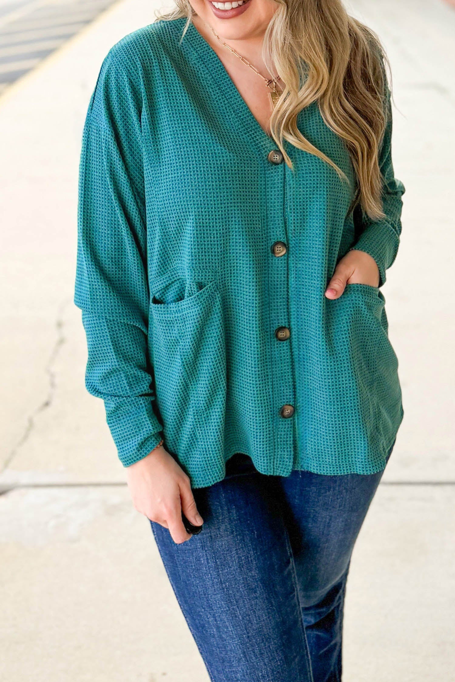 Textured Lapis Waffle Button Front Tunic Plus Size Cardigan