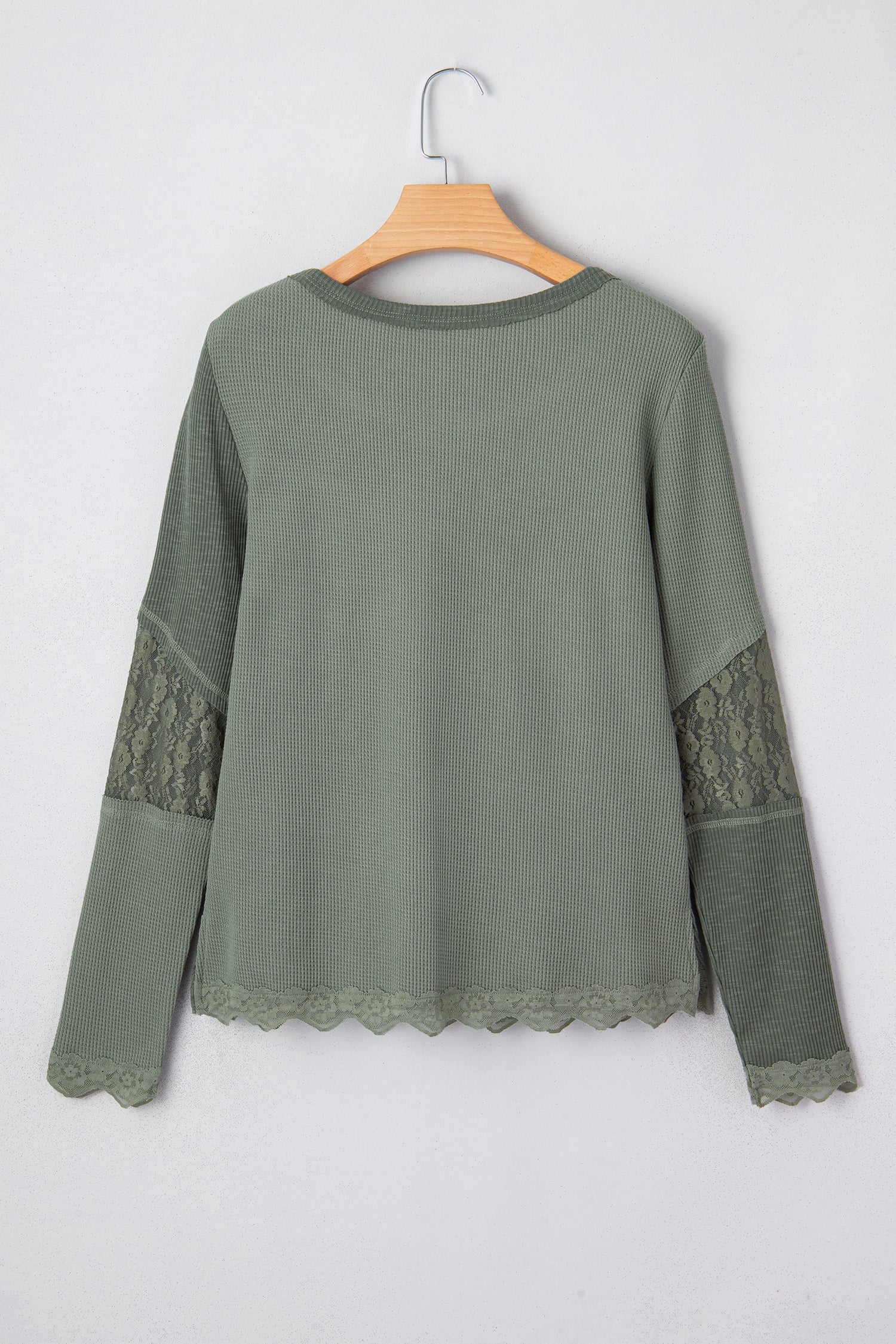Green Waffle Sage Waffle Rib-Knit Lace Patchwork Long-Sleeved Top
