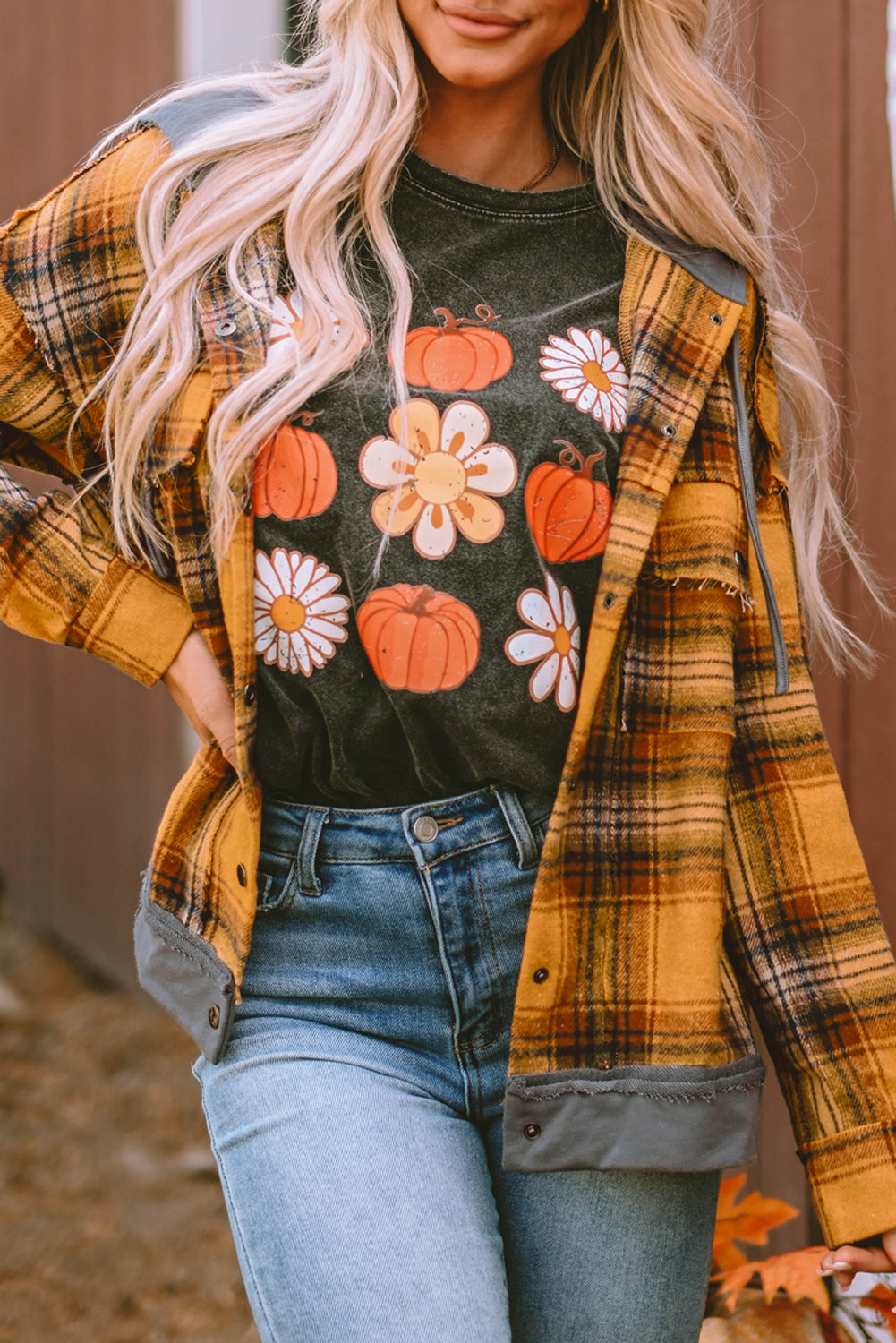 Women's Jacket with Plaid Hooded Frayed Snap